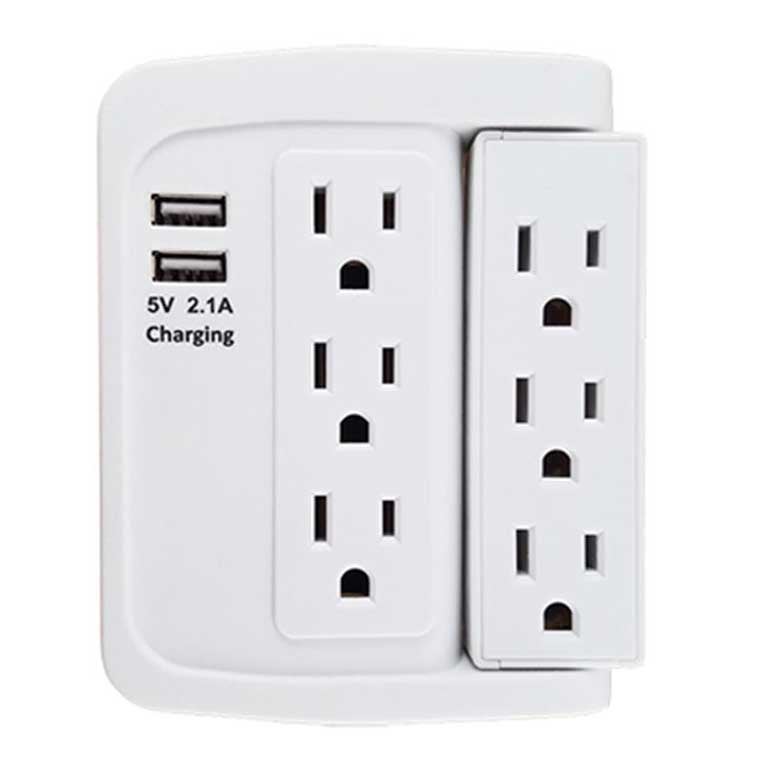 6 OUTLET SURGE PROTECTOR 2 USB CHARGE PORT WALL TAP SWIVEL 500J 