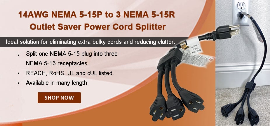 NEMA 5-15P to 3 NEMA 5-15R Outlet Saver Power Cord Splitter
