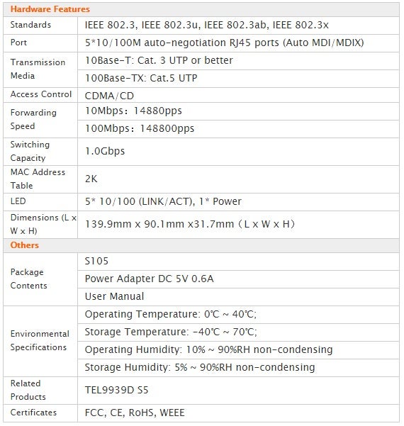 S105 5-Port 10/100 Switch