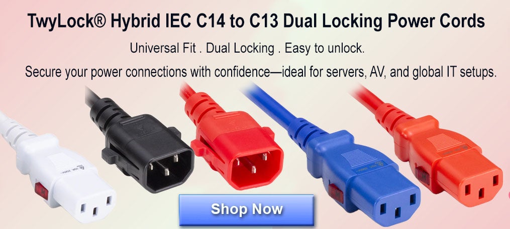 TwyLock® hybrid USA/Europe IEC C14 to C13 Dual Locking Cords